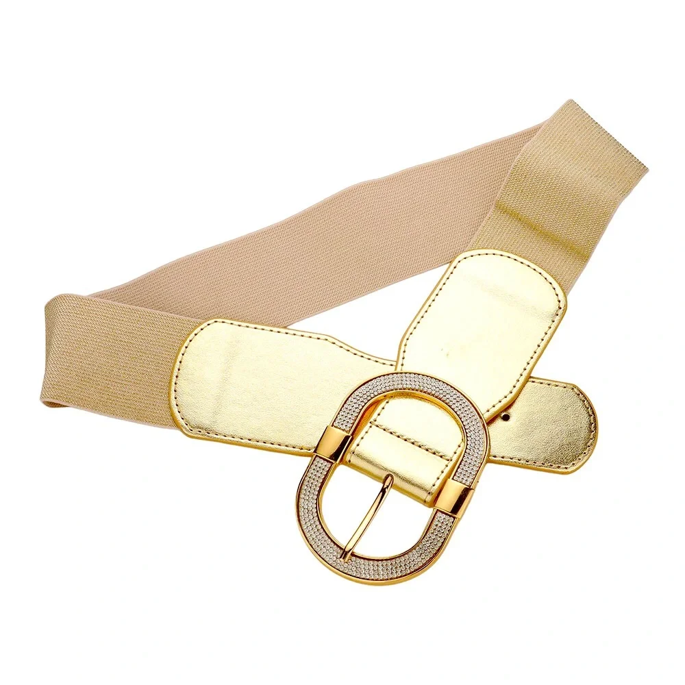 Paved Rhinestone Open Oval Buckle Accented Elastic Statement Belt
